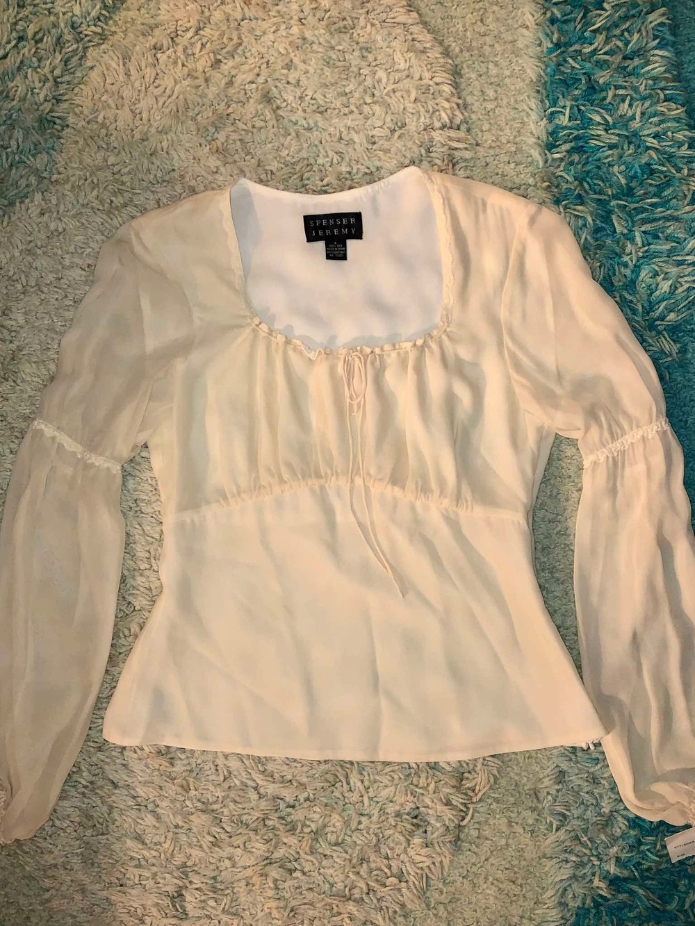 Spenser Jeremy Ivory 100% Silk Chiffon Sheer Ruffle Tie Neck Blouse 6